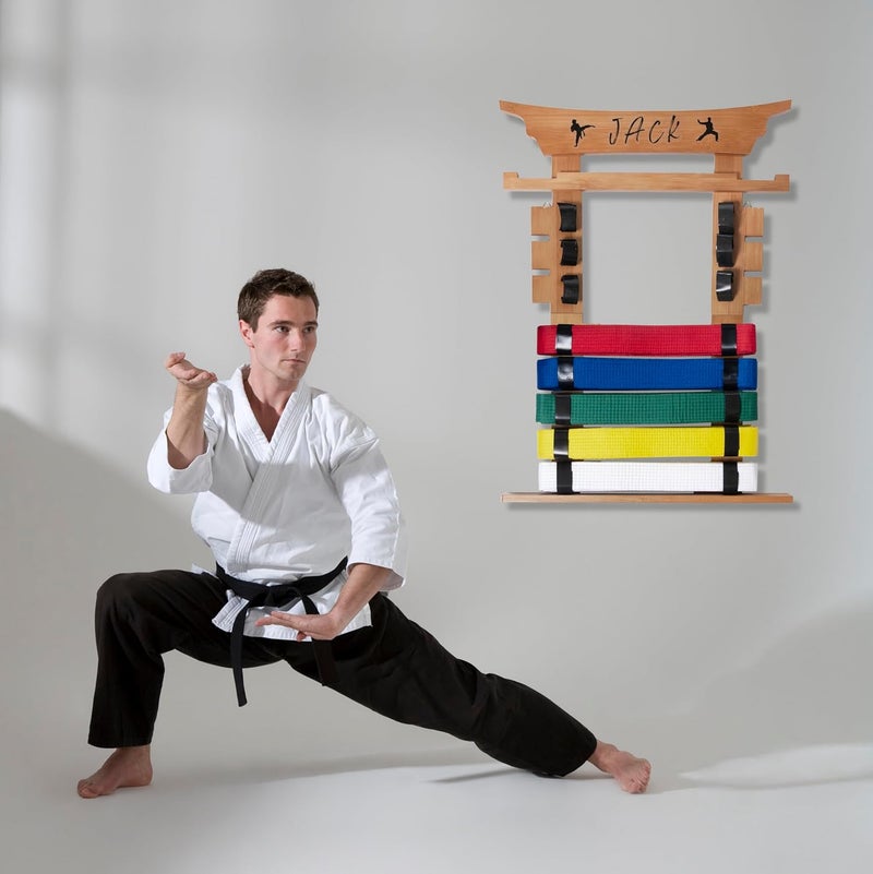 humberboat Wall Karate Belt Display Rack with Medal Hanger and Stickers, Martial Arts Belt Display Holder, 8 Belt Taekwondo Belt Belt Display Hanging Holder for Kids and Adults-Brown - Image 4